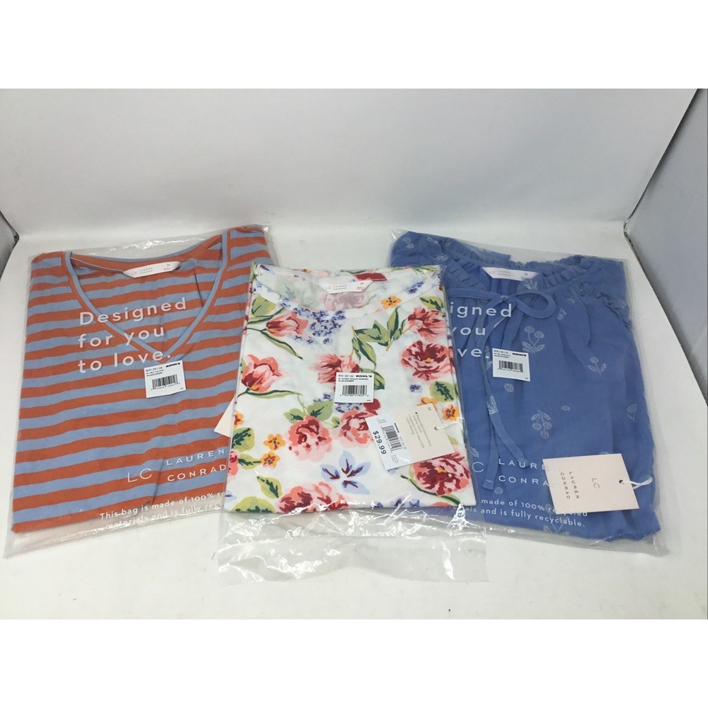 Lauren Conrad Lot Of 3 Blouses NWT Size Medium White Floral Striped Ivory Amalfi